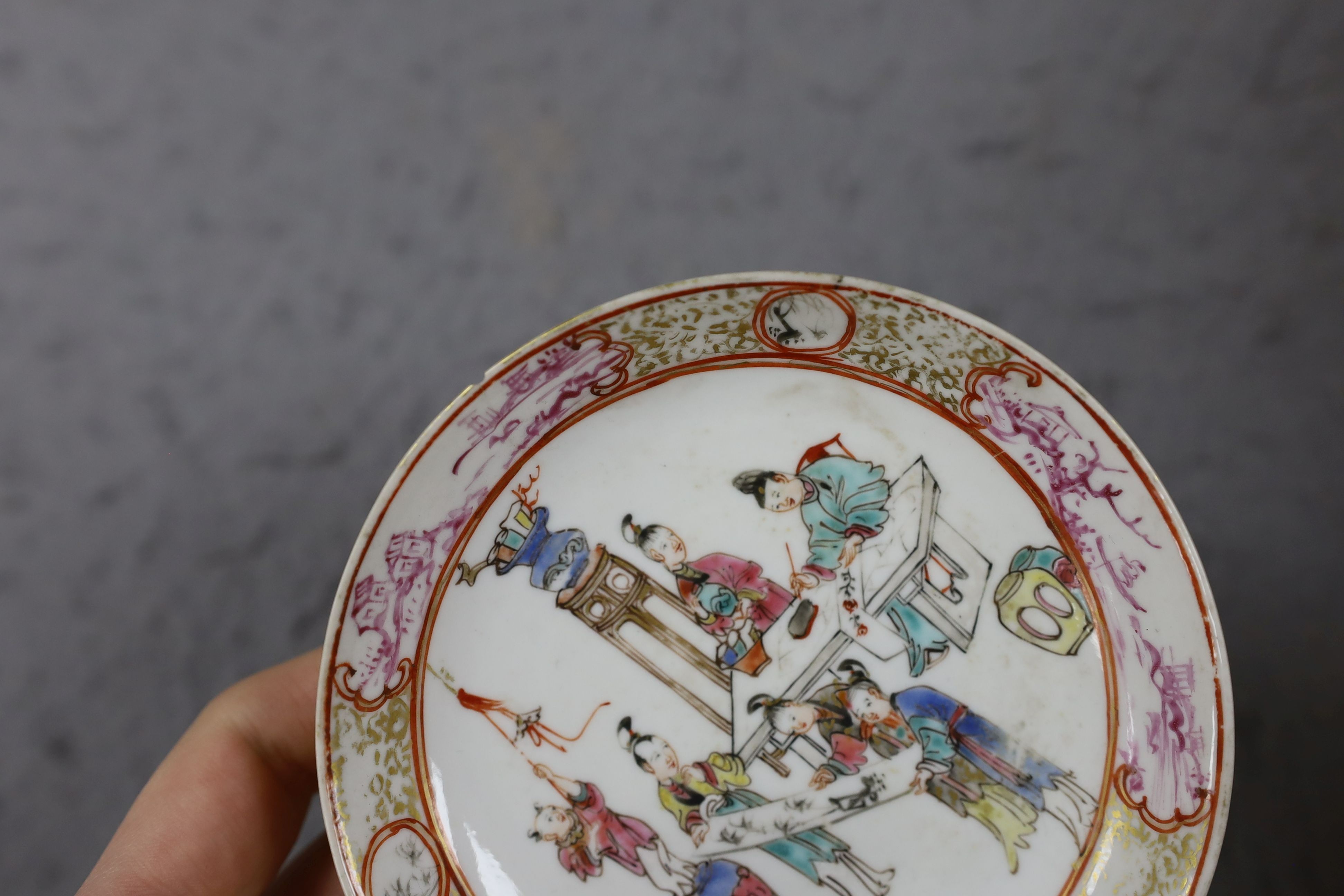 A group of four 18th century Chinese export famille rose saucers